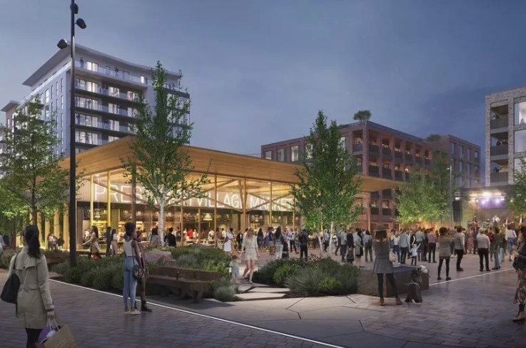 The vision for the centre of Prestwich includes a new food and market hall with seating spilling on to a village square.